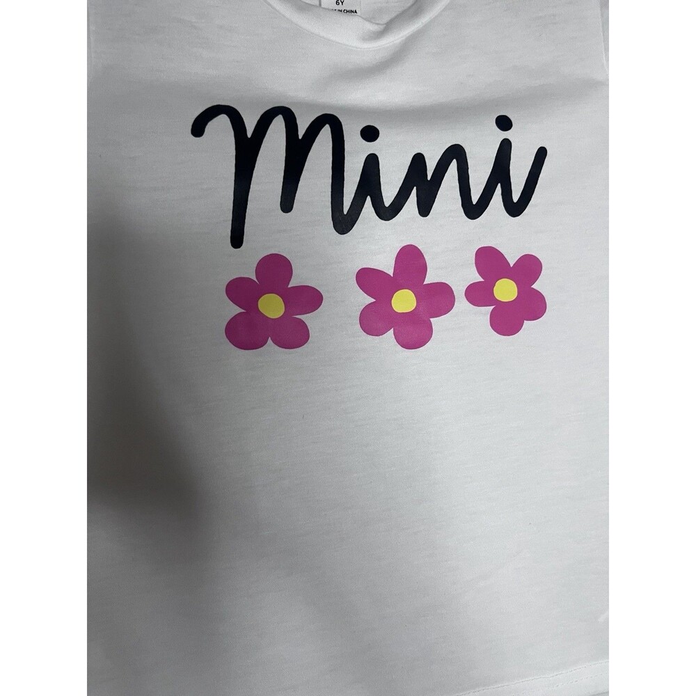 Shein White Baby Tee With Black Reading “Mini” And Three Pink Flowers 6y